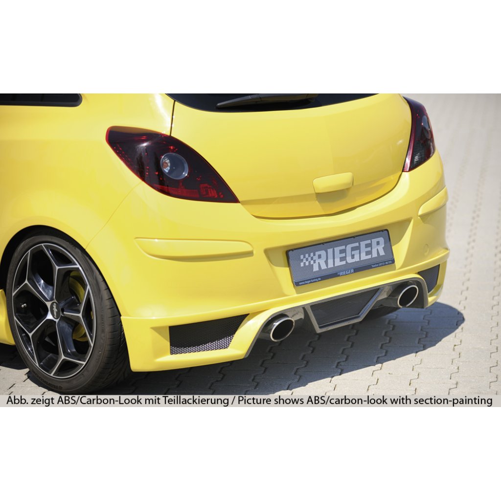 Rieger spoiler pod zadní nárazník pro Opel Corsa D 3-dvéř., 5-dvéř. vč. faceliftu r.v. 01/11-, 07/06-12/10, plast ABS bez povrchové úpravy, pro koncovky na obou stranách