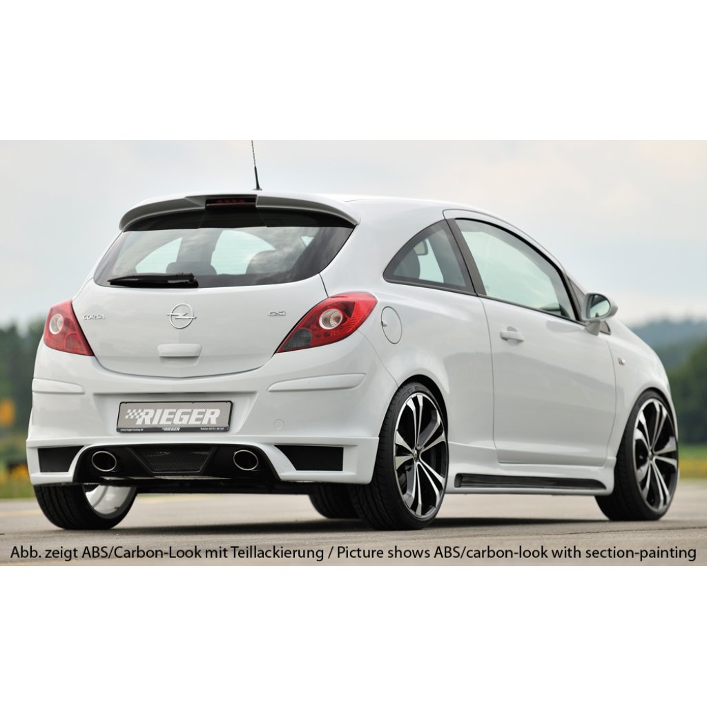 Rieger spoiler pod zadní nárazník pro Opel Corsa D 3-dvéř., 5-dvéř. vč. faceliftu r.v. 01/11-, 07/06-12/10, plast ABS bez povrchové úpravy, pro koncovky na obou stranách