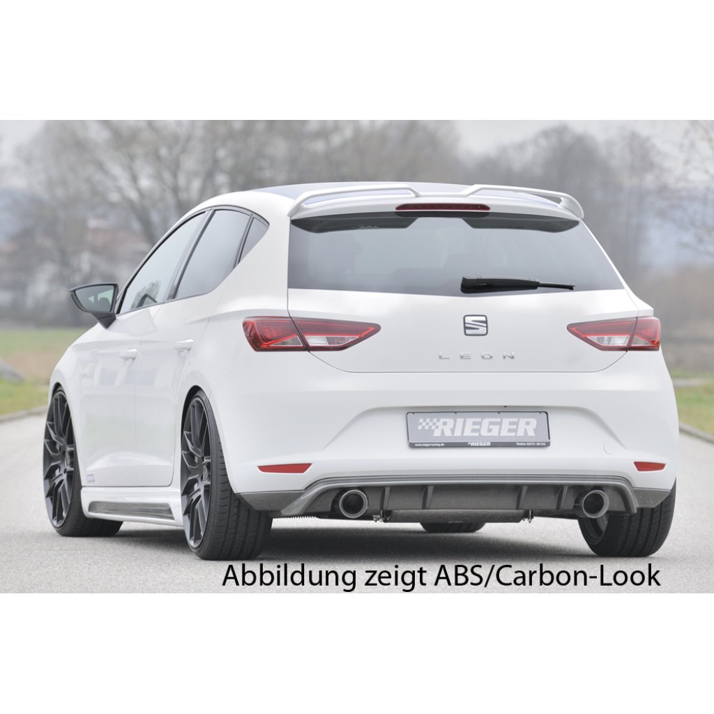 Rieger spoiler pod zadní nárazník pro Seat Leon 5F 3-dvéř. (sc), 5-dvéř. před faceliftem r.v. 10/12-12/16, plast ABS lakovaný do černé lesklé barvy, pro sportovní koncovky na obou stranách 100 mm
