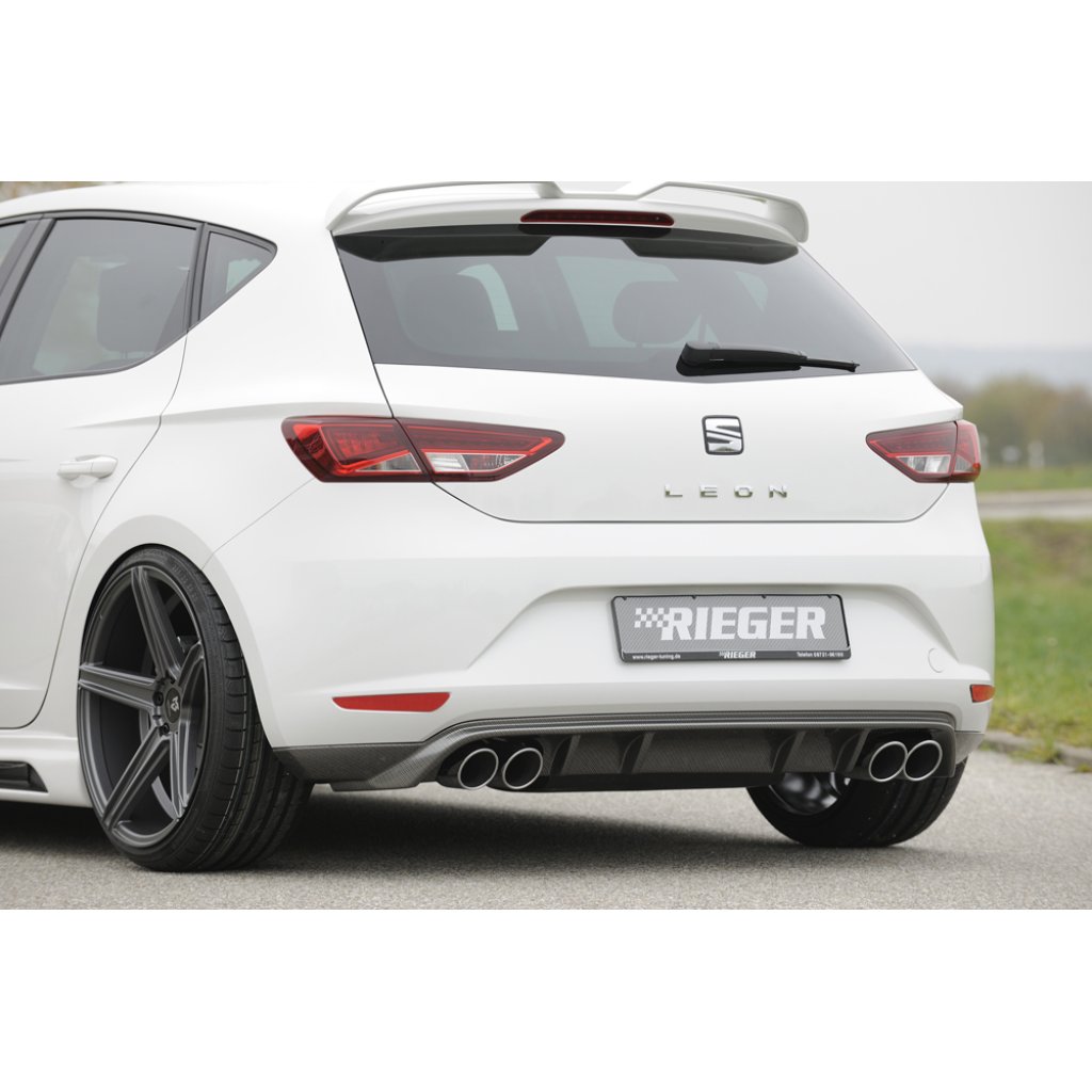 Rieger spoiler pod zadní nárazník pro Seat Leon 5F 3-dvéř. (sc), 5-dvéř. před faceliftem r.v. 10/12-12/16, plast ABS s povrchovou úpravou Carbon-Look, pro dvojité koncovky na obou stranách