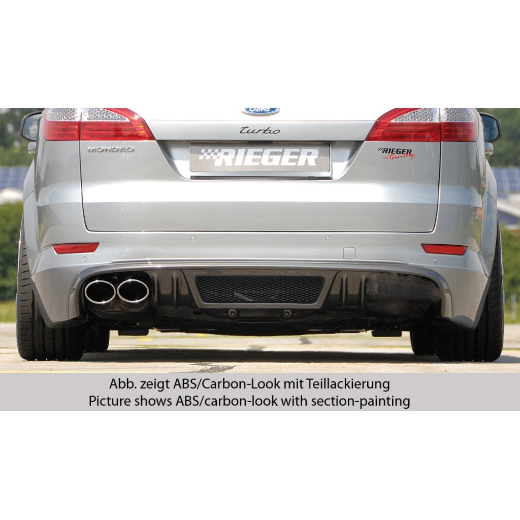 Rieger spoiler pod zadní nárazník SG-Design pro Ford Mondeo BA7 combi před faceliftem r.v. 03/07-09/10, plast ABS s povrchovou úpravou Carbon-Look, pro vozy s dvojitou koncovkou vlevo