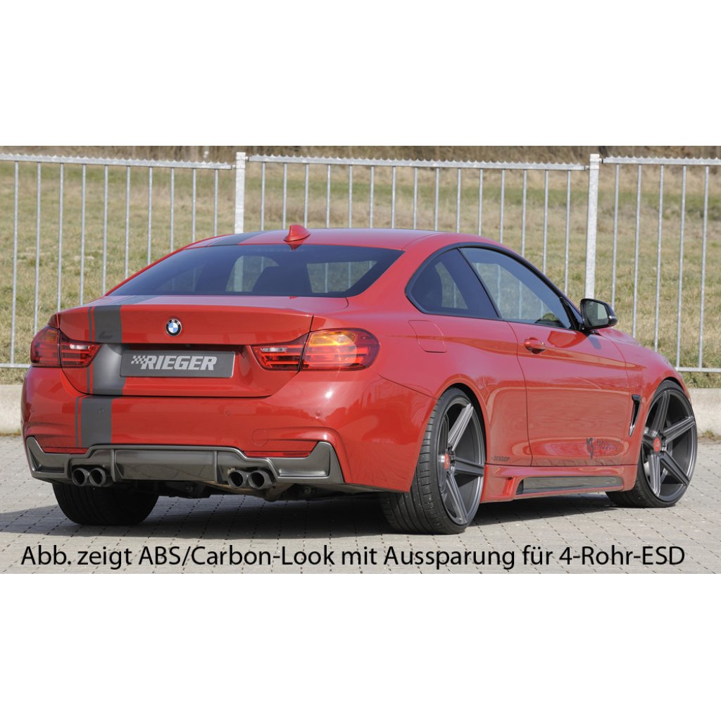 Rieger vložka zadního nárazníku (pouze 435i) pro BMW řada 4 F32, F33, F36 coupe (3-dvéř.), gran coupe (5-dvéř.), kabriolet vč. faceliftu, plast ABS bez povrchové úpravy, pro orig. koncovky na obou stranách (435i/440i look)