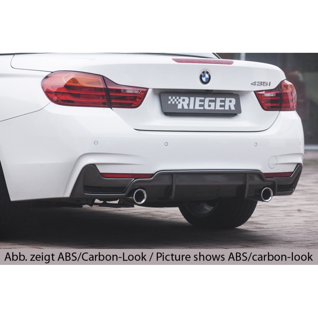 Rieger vložka zadního nárazníku (pouze 435i) pro BMW řada 4 F32, F33, F36 coupe (3-dvéř.), gran coupe (5-dvéř.), kabriolet vč. faceliftu, plast ABS bez povrchové úpravy, pro orig. koncovky na obou stranách (435i/440i look) vč. mřížky