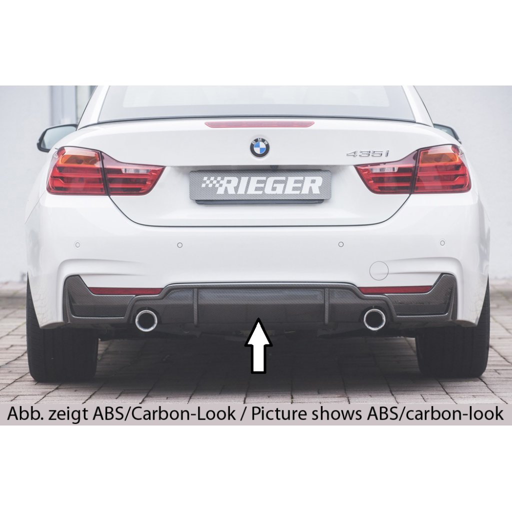 Rieger vložka zadního nárazníku (pouze 435i) pro BMW řada 4 F32, F33, F36 coupe (3-dvéř.), gran coupe (5-dvéř.), kabriolet vč. faceliftu, plast ABS lakovaný do černé lesklé barvy, pro orig. koncovky na obou stranách (435i/440i look)