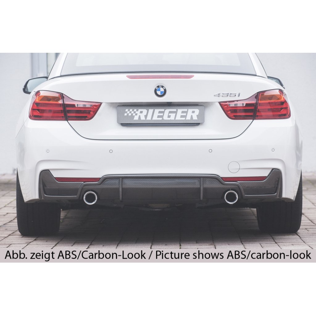 Rieger vložka zadního nárazníku (pouze 435i) pro BMW řada 4 F32, F33, F36 coupe (3-dvéř.), gran coupe (5-dvéř.), kabriolet vč. faceliftu, plast ABS lakovaný do černé lesklé barvy, pro orig. koncovky na obou stranách (435i/440i look)