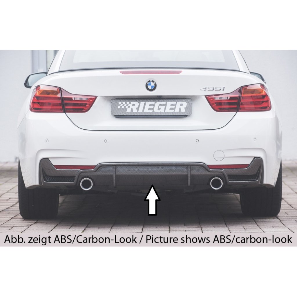 Rieger vložka zadního nárazníku (pouze 435i) pro BMW řada 4 F32, F33, F36 coupe (3-dvéř.), gran coupe (5-dvéř.), kabriolet vč. faceliftu, plast ABS lakovaný do černé lesklé barvy, pro orig. koncovky na obou stranách (435i/440i look) vč. mřížky