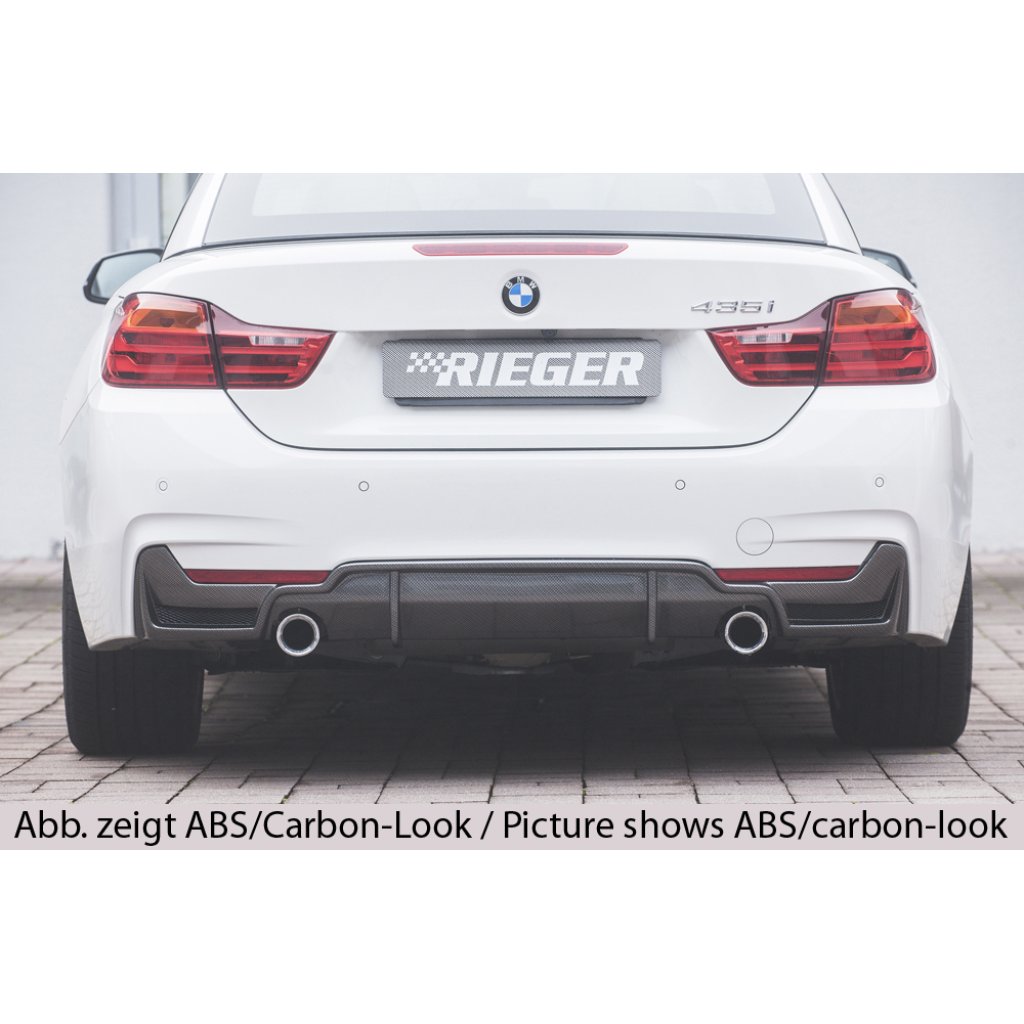 Rieger vložka zadního nárazníku (pouze 435i) pro BMW řada 4 F32, F33, F36 coupe (3-dvéř.), gran coupe (5-dvéř.), kabriolet vč. faceliftu, plast ABS lakovaný do černé lesklé barvy, pro orig. koncovky na obou stranách (435i/440i look) vč. mřížky
