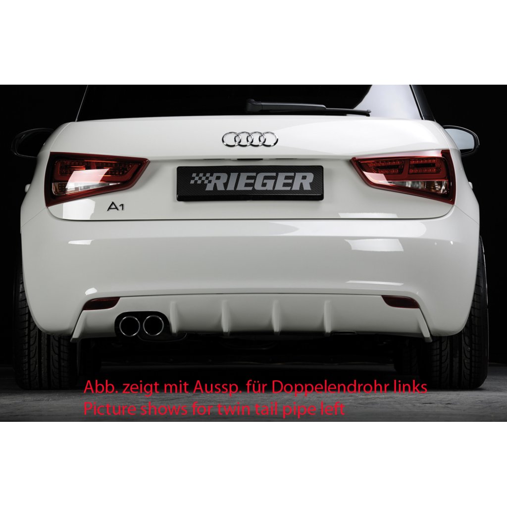 Rieger vložka zadního nárazníku pro Audi A1 8X 3-dvéř., 5-dvéř. (sportback) před faceliftem, plast ABS bez povrchové úpravy, mimo S-Line, pro orig. koncovku vlevo