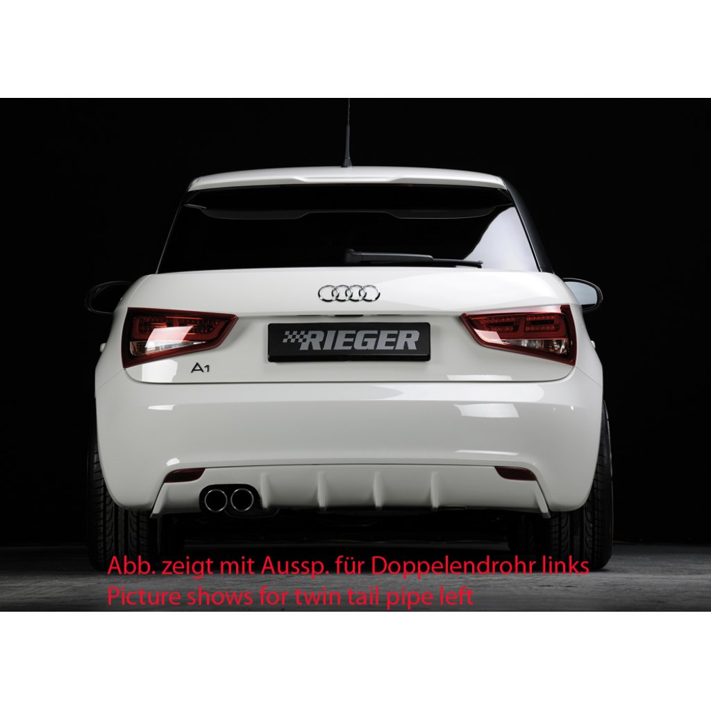Rieger vložka zadního nárazníku pro Audi A1 8X 3-dvéř., 5-dvéř. (sportback) před faceliftem, plast ABS bez povrchové úpravy, mimo S-Line, pro orig. koncovku vlevo