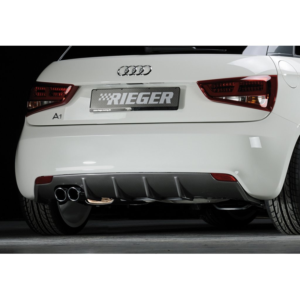 Rieger vložka zadního nárazníku pro Audi A1 8X 3-dvéř., 5-dvéř. (sportback) před faceliftem, plast ABS s povrchovou úpravou Carbon-Look, pro dvojitou koncovku vlevo 2x76 mm