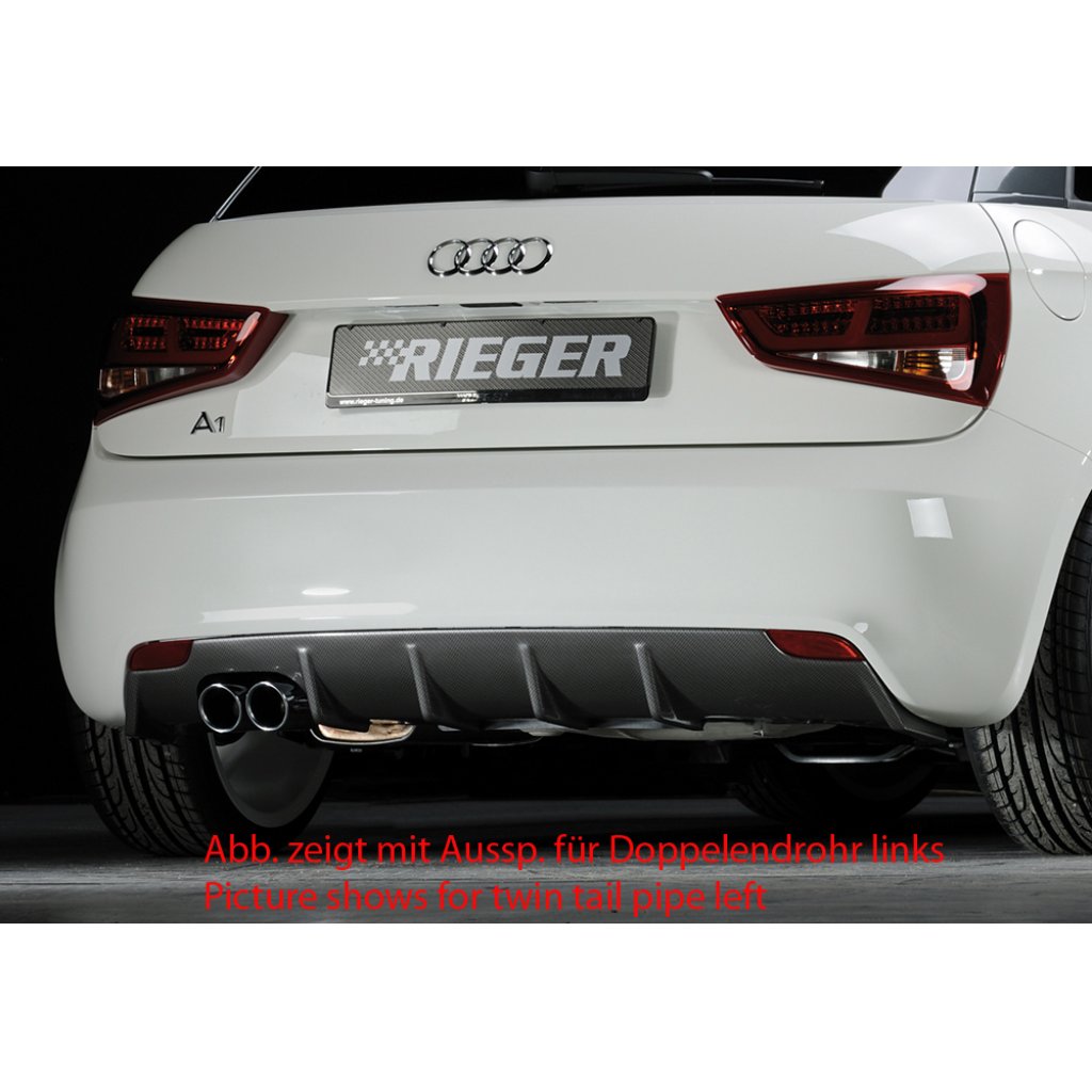 Rieger vložka zadního nárazníku pro Audi A1 8X 3-dvéř., 5-dvéř. (sportback) před faceliftem, plast ABS s povrchovou úpravou Carbon-Look, pro orig. jednoduchou koncovku vlevo