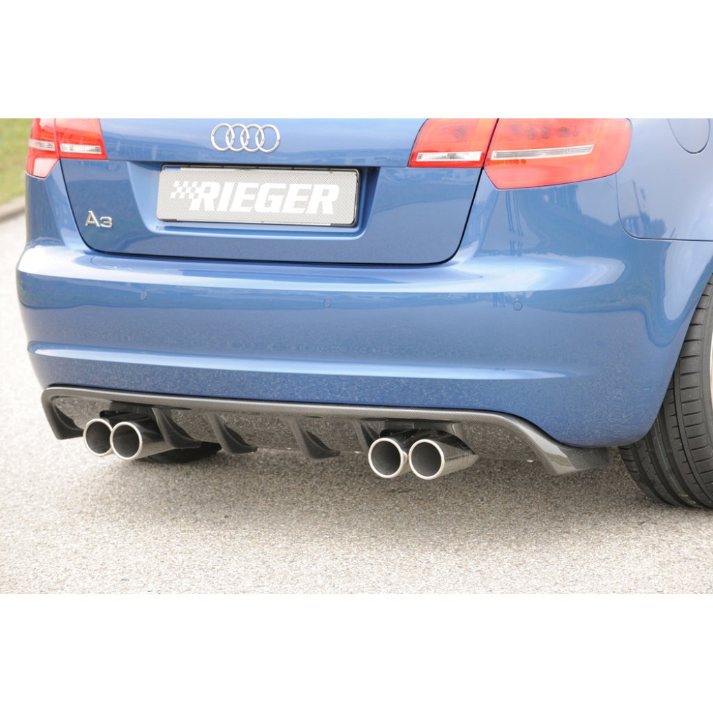Rieger vložka zadního nárazníku pro Audi A3 8P 3-dvéř., kabriolet po faceliftu, plast ABS s povrchovou úpravou Carbon-Look, pro dvojité koncovky na obou stranách 4x76 mm