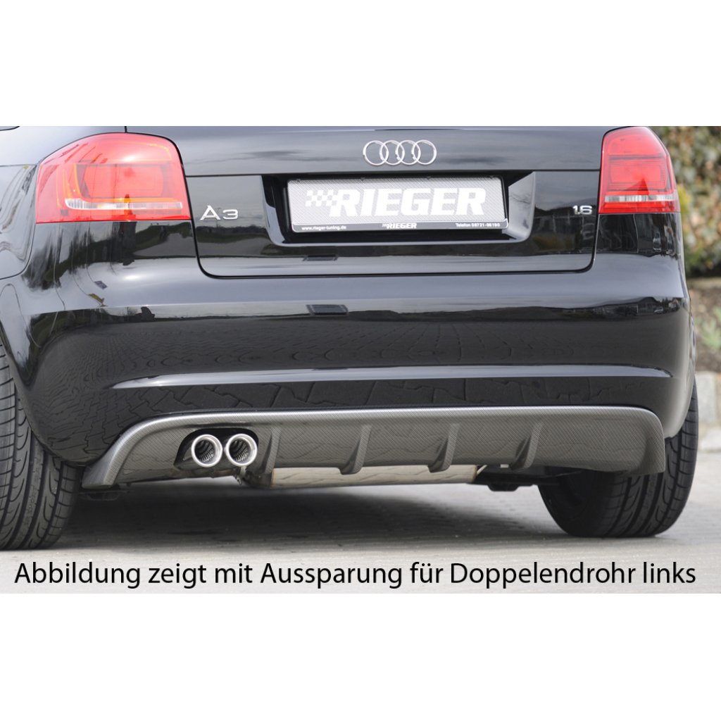 Rieger vložka zadního nárazníku pro Audi A3 8P 5-dvéř., Sportback po faceliftu, plast ABS s povrchovou úpravou Carbon-Look, pro sportovní koncovky na obou stranách 4x76 mm