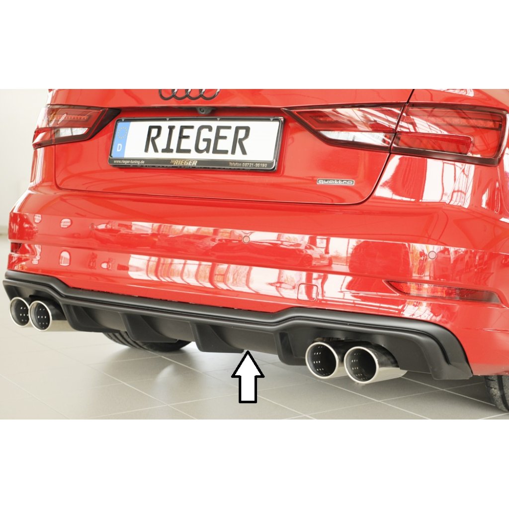 Rieger vložka zadního nárazníku pro Audi A3 8V 3-dvéř. (convertible 8V7), 5-dvéř. (sedan 8VS) po faceliftu, plast ABS bez povrchové úpravy, pro sportovní koncovky na obou stranách 4x90 mm