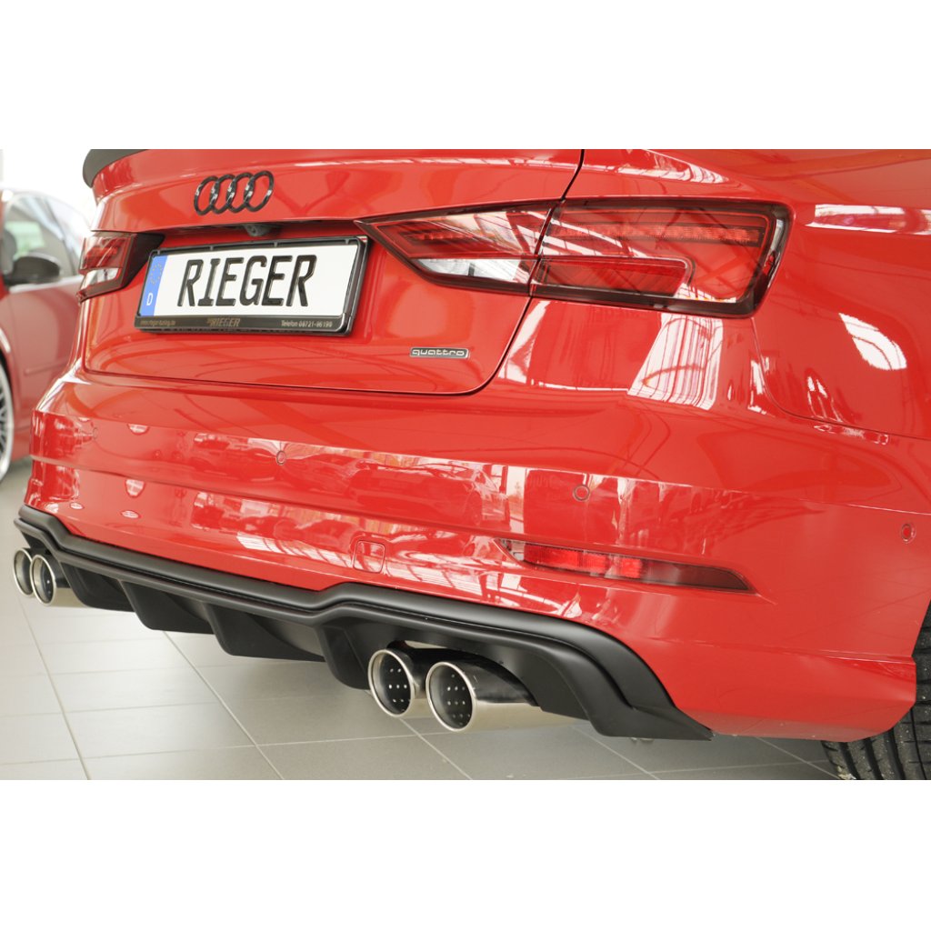 Rieger vložka zadního nárazníku pro Audi A3 8V 3-dvéř. (convertible 8V7), 5-dvéř. (sedan 8VS) po faceliftu, plast ABS bez povrchové úpravy, pro sportovní koncovky na obou stranách 4x90 mm