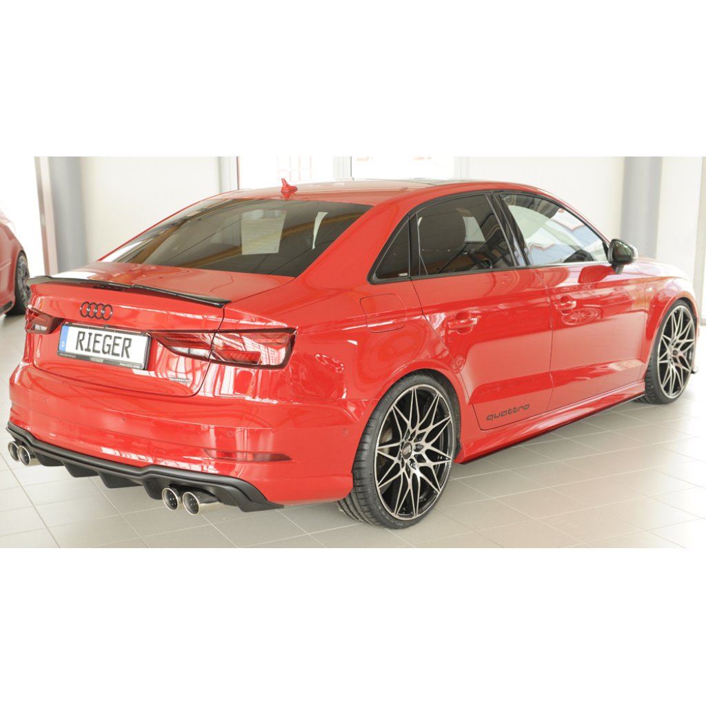 Rieger vložka zadního nárazníku pro Audi A3 8V 3-dvéř. (convertible 8V7), 5-dvéř. (sedan 8VS) po faceliftu, plast ABS bez povrchové úpravy, pro sportovní koncovky na obou stranách 4x90 mm