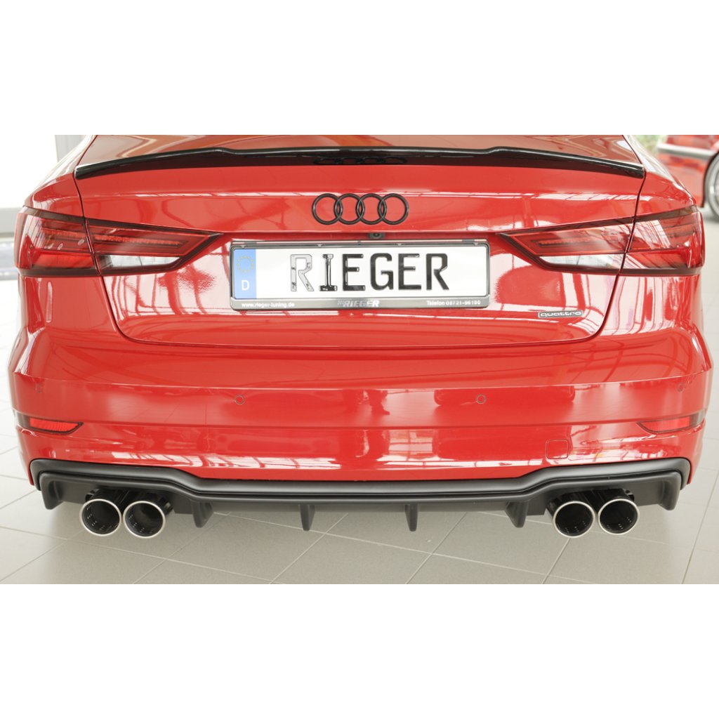 Rieger vložka zadního nárazníku pro Audi A3 8V 3-dvéř. (convertible 8V7), 5-dvéř. (sedan 8VS) po faceliftu, plast ABS bez povrchové úpravy, pro sportovní koncovky na obou stranách 4x90 mm
