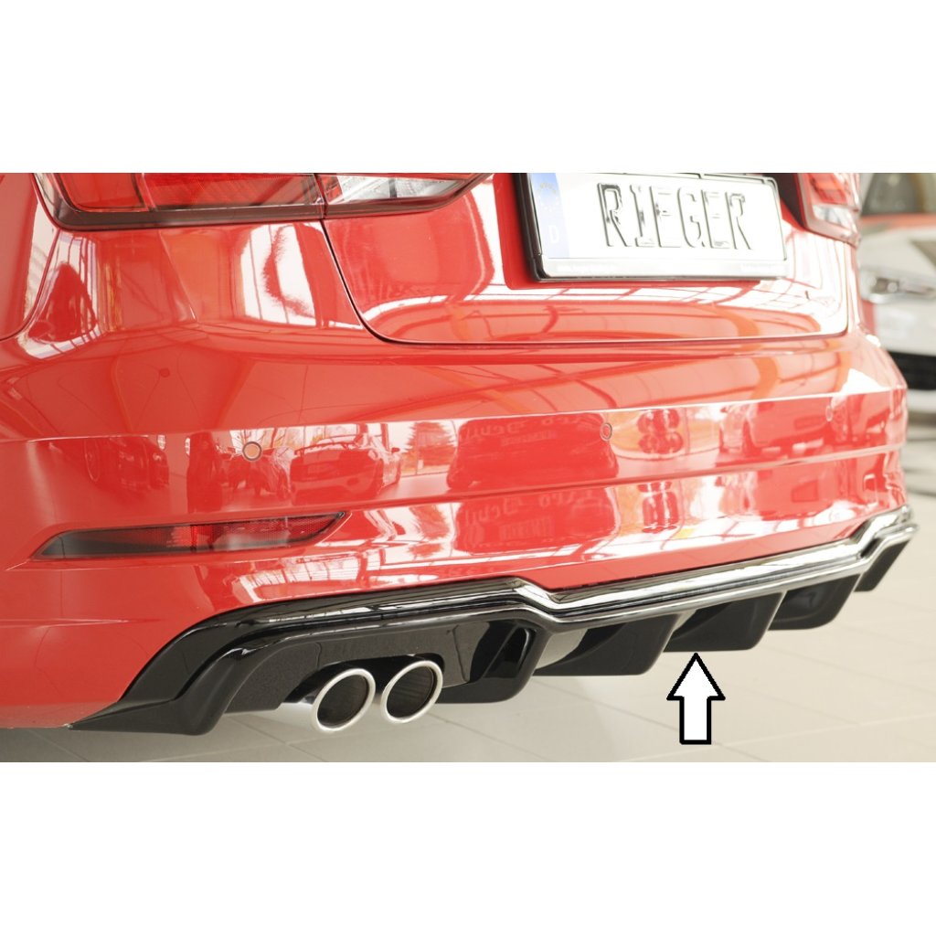 Rieger vložka zadního nárazníku pro Audi A3 8V 3-dvéř. (convertible 8V7), 5-dvéř. (sedan 8VS) po faceliftu, plast ABS lakovaný do černé lesklé barvy, pro dvojitou koncovku vlevo