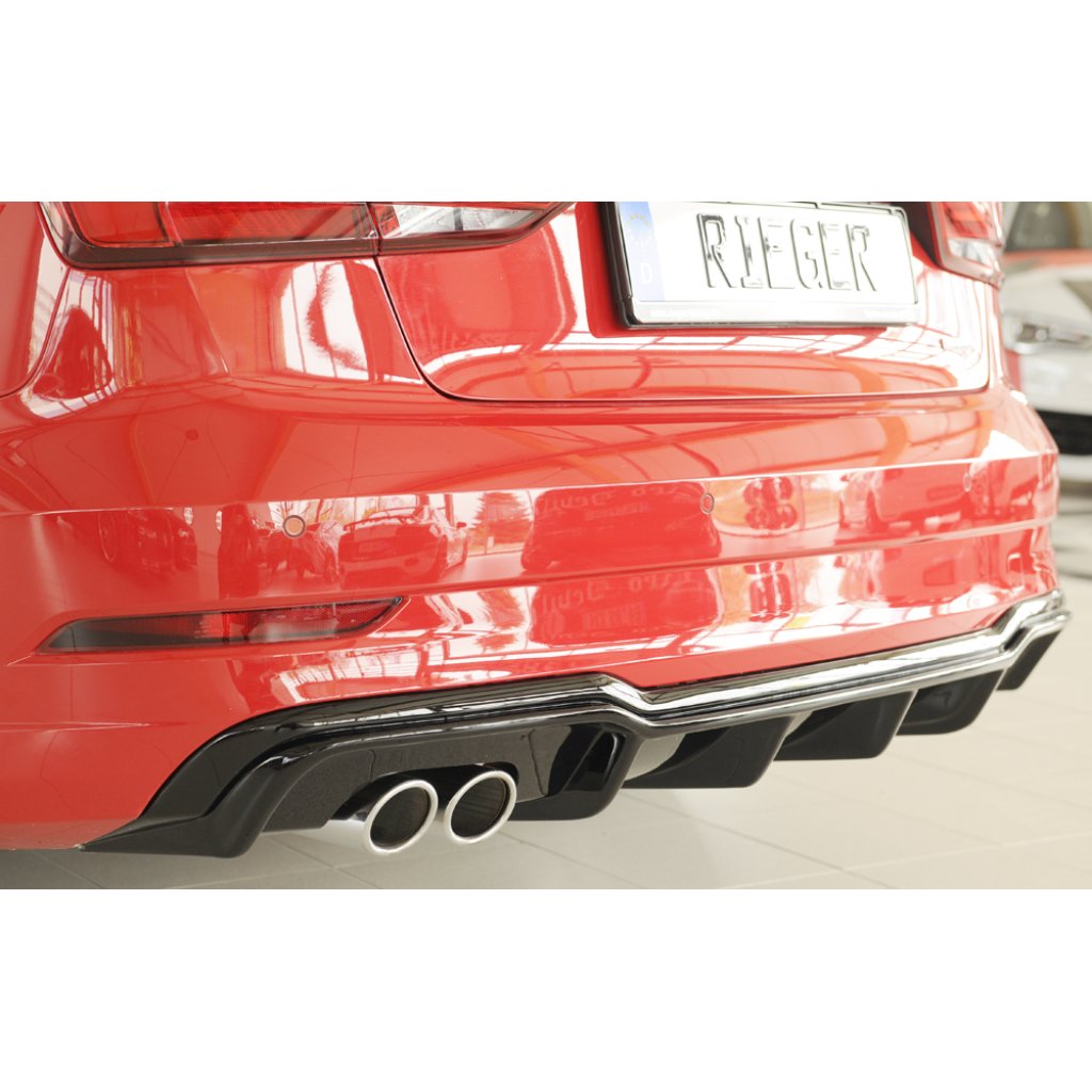Rieger vložka zadního nárazníku pro Audi A3 8V 3-dvéř. (convertible 8V7), 5-dvéř. (sedan 8VS) po faceliftu, plast ABS lakovaný do černé lesklé barvy, pro dvojitou koncovku vlevo