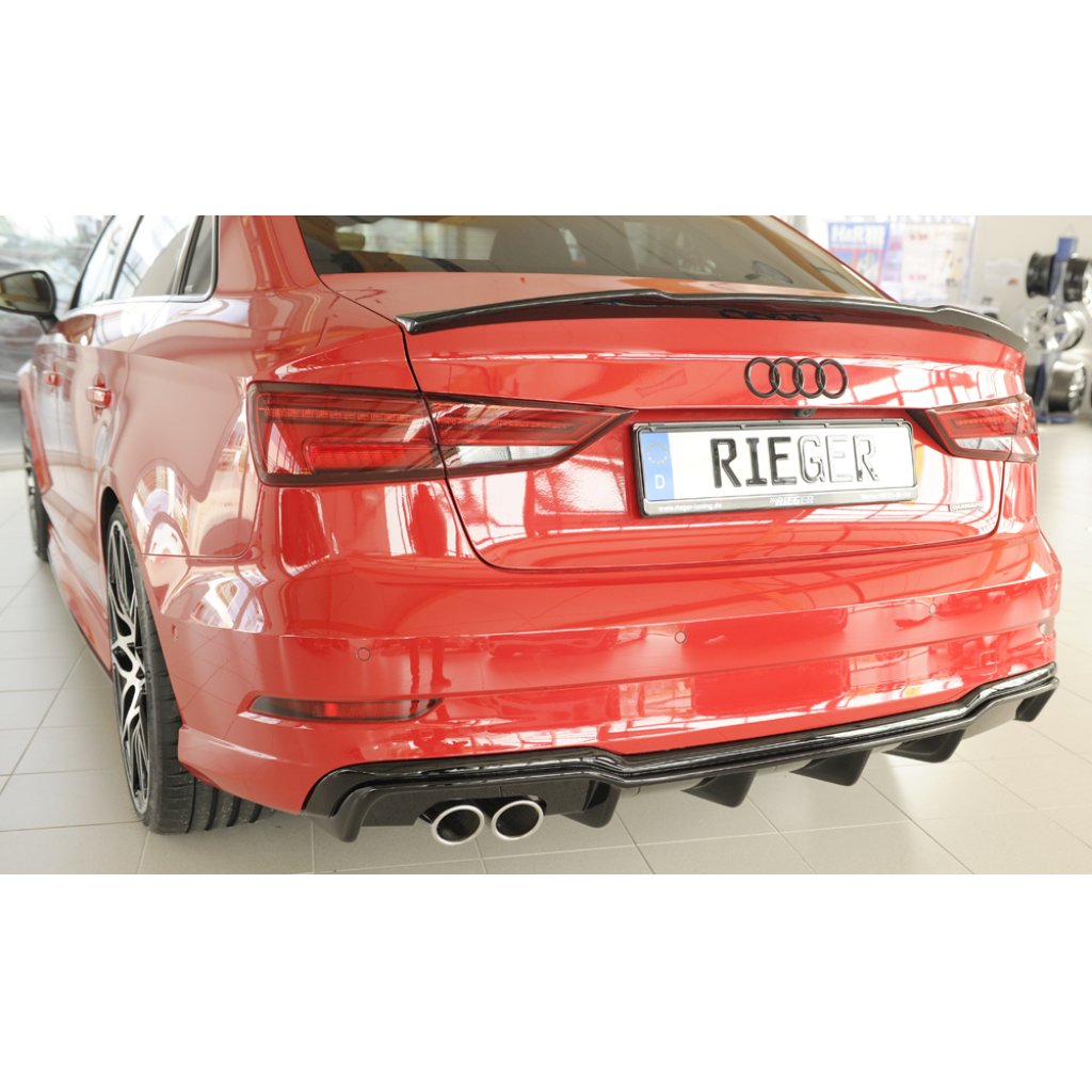Rieger vložka zadního nárazníku pro Audi A3 8V 3-dvéř. (convertible 8V7), 5-dvéř. (sedan 8VS) po faceliftu, plast ABS lakovaný do černé lesklé barvy, pro dvojitou koncovku vlevo