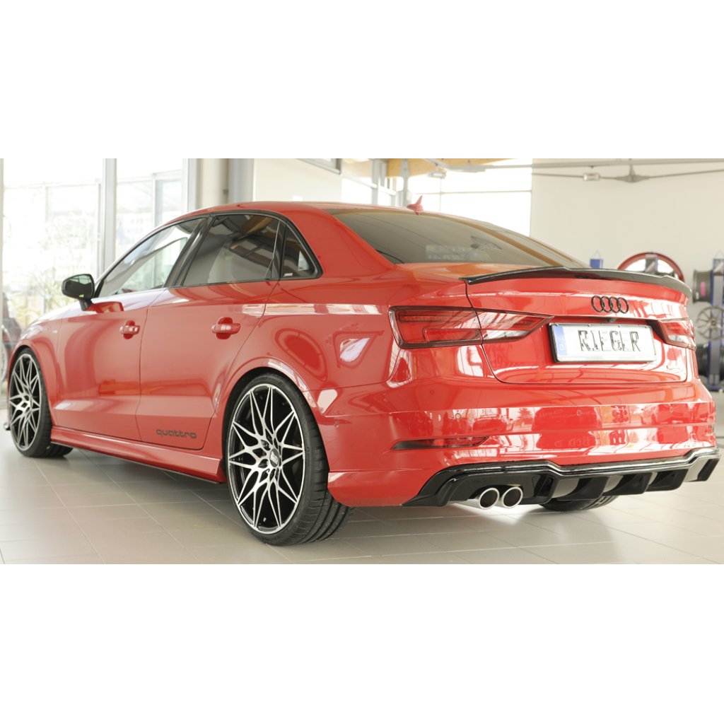 Rieger vložka zadního nárazníku pro Audi A3 8V 3-dvéř. (convertible 8V7), 5-dvéř. (sedan 8VS) po faceliftu, plast ABS lakovaný do černé lesklé barvy, pro dvojitou koncovku vlevo