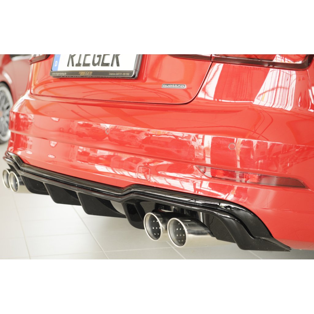 Rieger vložka zadního nárazníku pro Audi A3 8V 3-dvéř. (convertible 8V7), 5-dvéř. (sedan 8VS) po faceliftu, plast ABS lakovaný do černé lesklé barvy, pro sportovní koncovky na obou stranách 4x90 mm