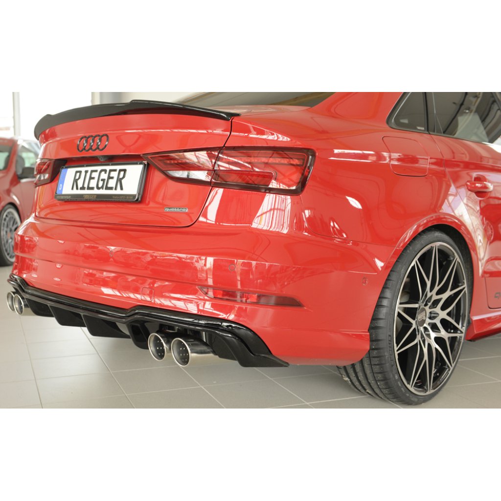 Rieger vložka zadního nárazníku pro Audi A3 8V 3-dvéř. (convertible 8V7), 5-dvéř. (sedan 8VS) po faceliftu, plast ABS lakovaný do černé lesklé barvy, pro sportovní koncovky na obou stranách 4x90 mm