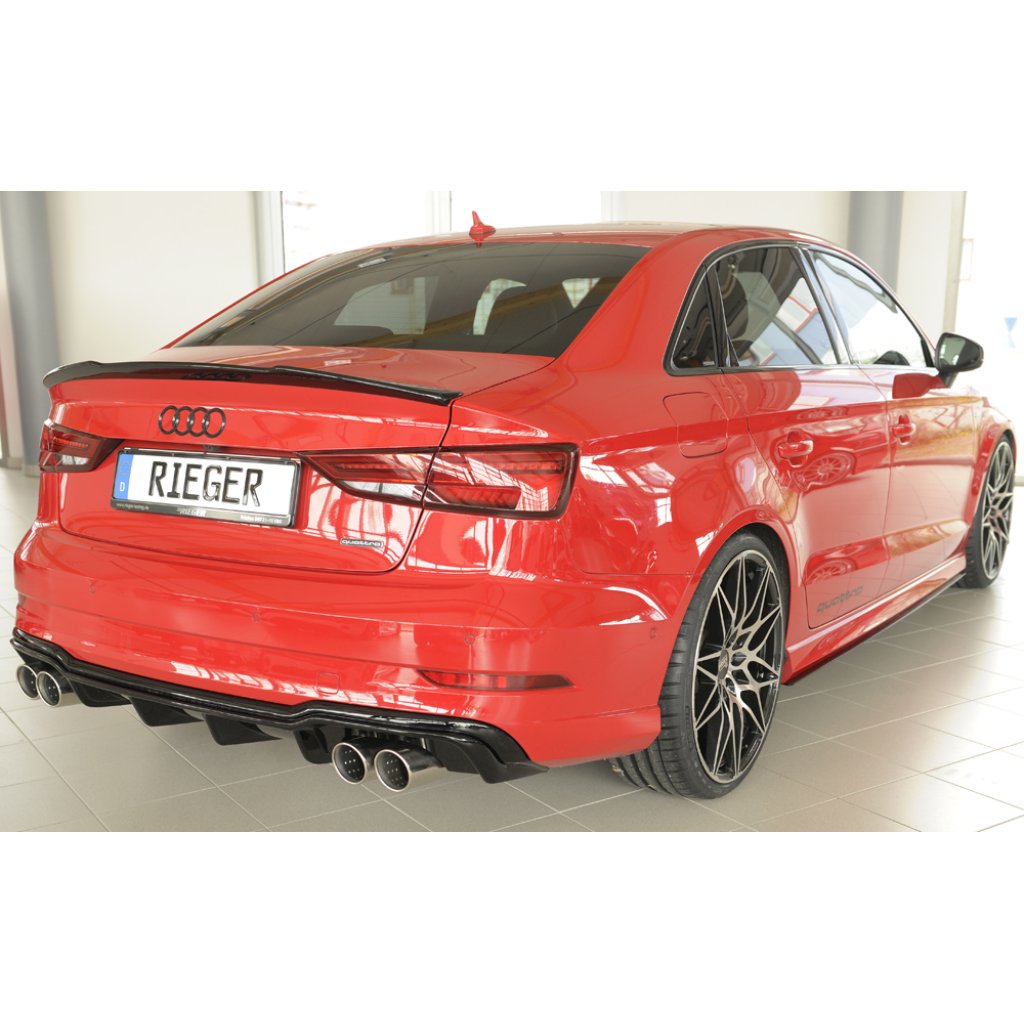 Rieger vložka zadního nárazníku pro Audi A3 8V 3-dvéř. (convertible 8V7), 5-dvéř. (sedan 8VS) po faceliftu, plast ABS lakovaný do černé lesklé barvy, pro sportovní koncovky na obou stranách 4x90 mm