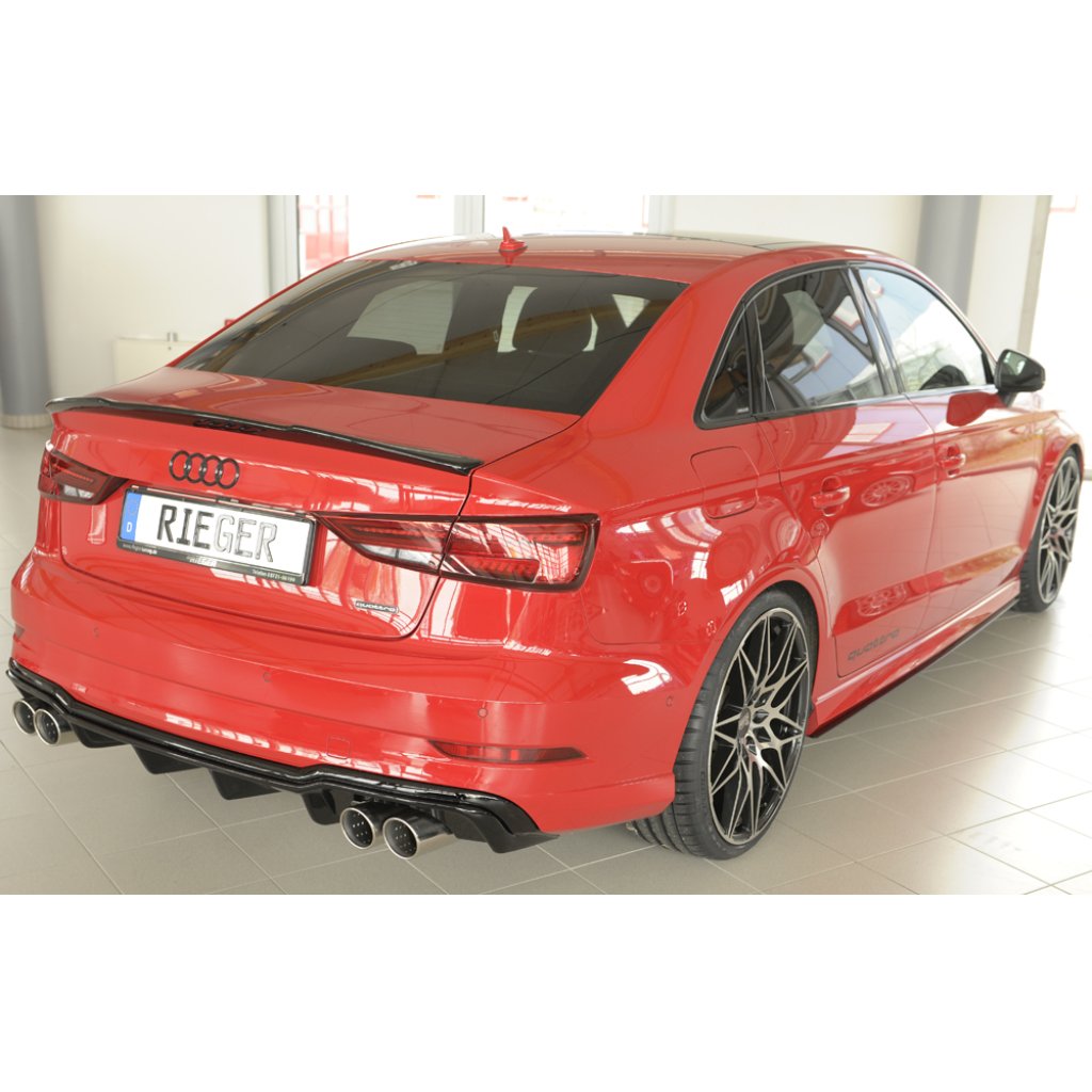 Rieger vložka zadního nárazníku pro Audi A3 8V 3-dvéř. (convertible 8V7), 5-dvéř. (sedan 8VS) po faceliftu, plast ABS lakovaný do černé lesklé barvy, pro sportovní koncovky na obou stranách 4x90 mm