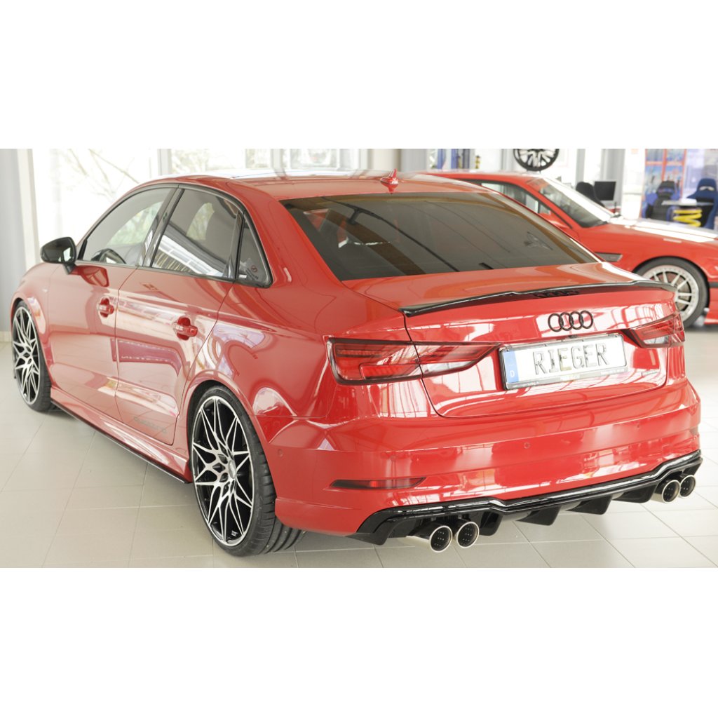 Rieger vložka zadního nárazníku pro Audi A3 8V 3-dvéř. (convertible 8V7), 5-dvéř. (sedan 8VS) po faceliftu, plast ABS lakovaný do černé lesklé barvy, pro sportovní koncovky na obou stranách 4x90 mm