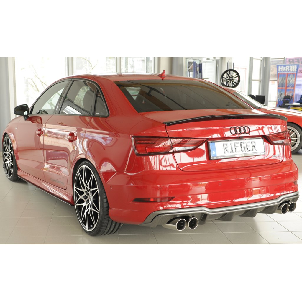 Rieger vložka zadního nárazníku pro Audi A3 8V 3-dvéř. (convertible 8V7), 5-dvéř. (sedan 8VS) po faceliftu, plast ABS s povrchovou úpravou Carbon-Look, pro sportovní koncovky na obou stranách 4x90 mm