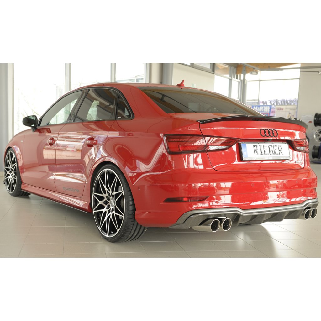 Rieger vložka zadního nárazníku pro Audi A3 8V 3-dvéř. (convertible 8V7), 5-dvéř. (sedan 8VS) po faceliftu, plast ABS s povrchovou úpravou Carbon-Look, pro sportovní koncovky na obou stranách 4x90 mm