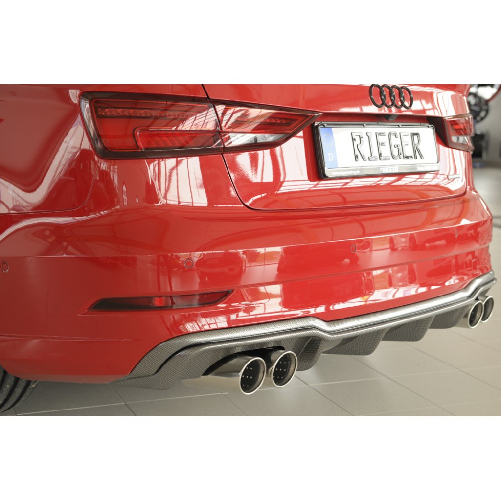 Rieger vložka zadního nárazníku pro Audi A3 8V 3-dvéř. (convertible 8V7), 5-dvéř. (sedan 8VS) po faceliftu, plast ABS s povrchovou úpravou Carbon-Look, pro sportovní koncovky na obou stranách 4x90 mm