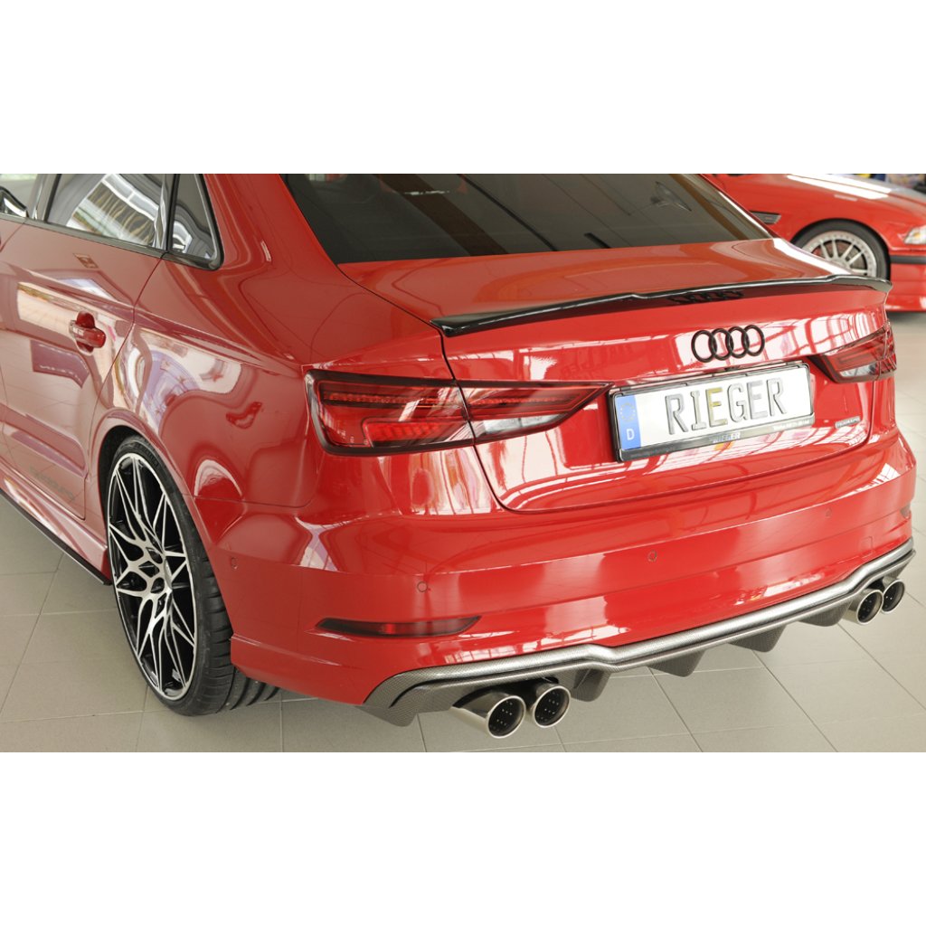 Rieger vložka zadního nárazníku pro Audi A3 8V 3-dvéř. (convertible 8V7), 5-dvéř. (sedan 8VS) po faceliftu, plast ABS s povrchovou úpravou Carbon-Look, pro sportovní koncovky na obou stranách 4x90 mm