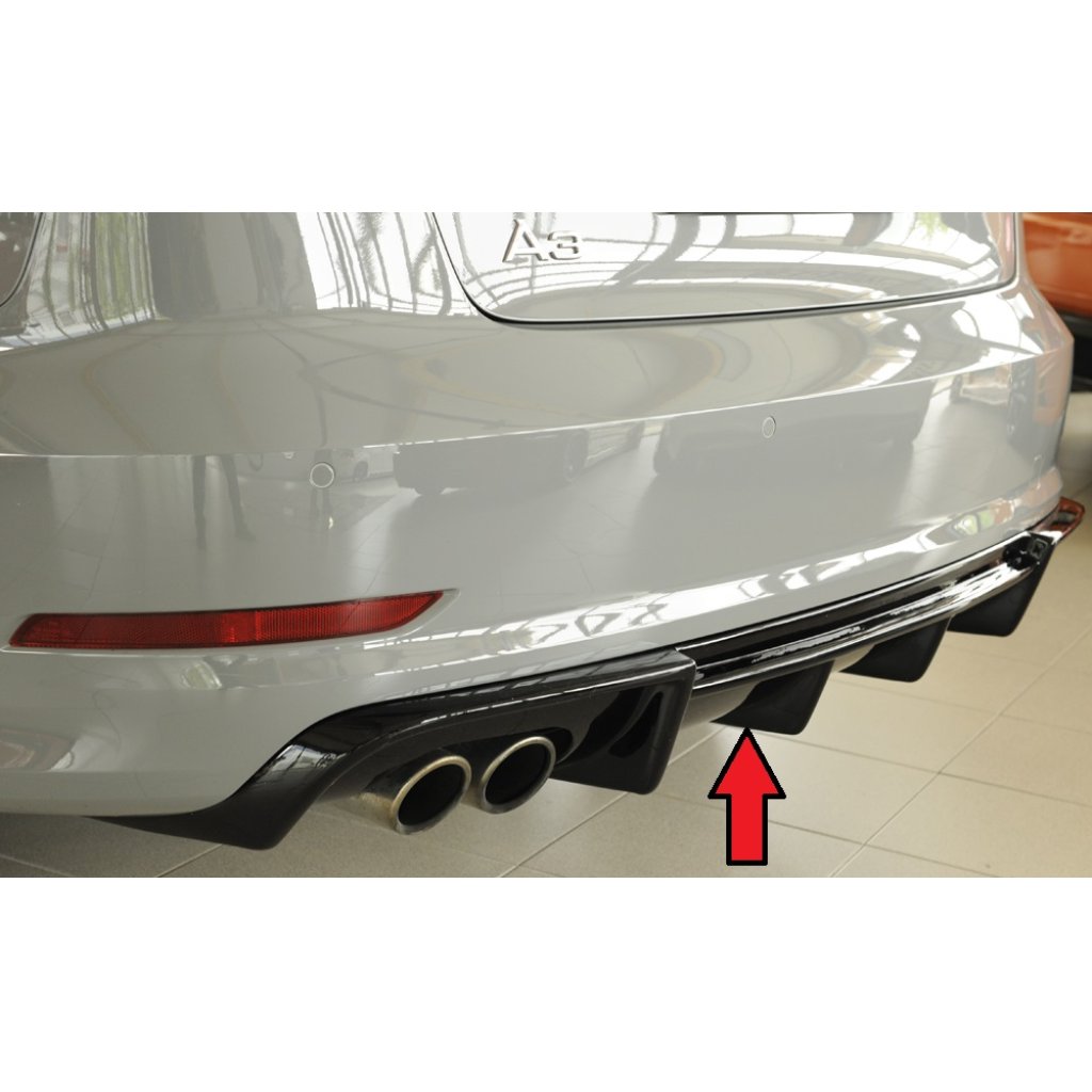 Rieger vložka zadního nárazníku pro Audi A3 8V 3-dvéř. (convertible 8V7), 5-dvéř. (sedan 8VS) před faceliftem, plast ABS lakovaný do černé lesklé barvy, pro dvojitou koncovku vlevo