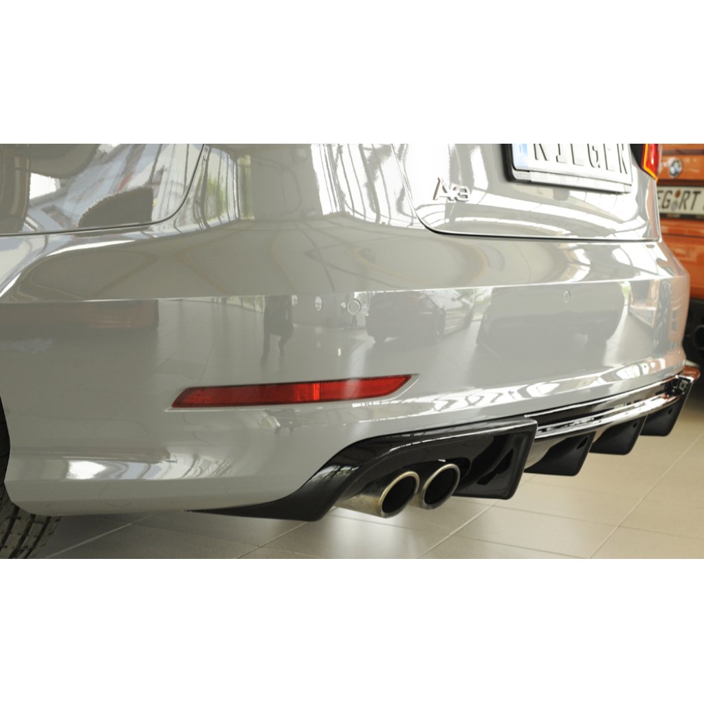 Rieger vložka zadního nárazníku pro Audi A3 8V 3-dvéř. (convertible 8V7), 5-dvéř. (sedan 8VS) před faceliftem, plast ABS lakovaný do černé lesklé barvy, pro dvojitou koncovku vlevo