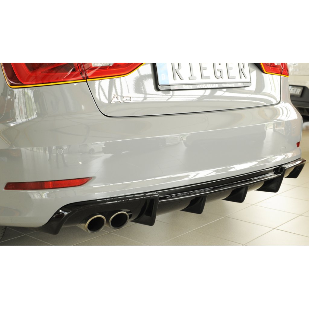 Rieger vložka zadního nárazníku pro Audi A3 8V 3-dvéř. (convertible 8V7), 5-dvéř. (sedan 8VS) před faceliftem, plast ABS lakovaný do černé lesklé barvy, pro dvojitou koncovku vlevo