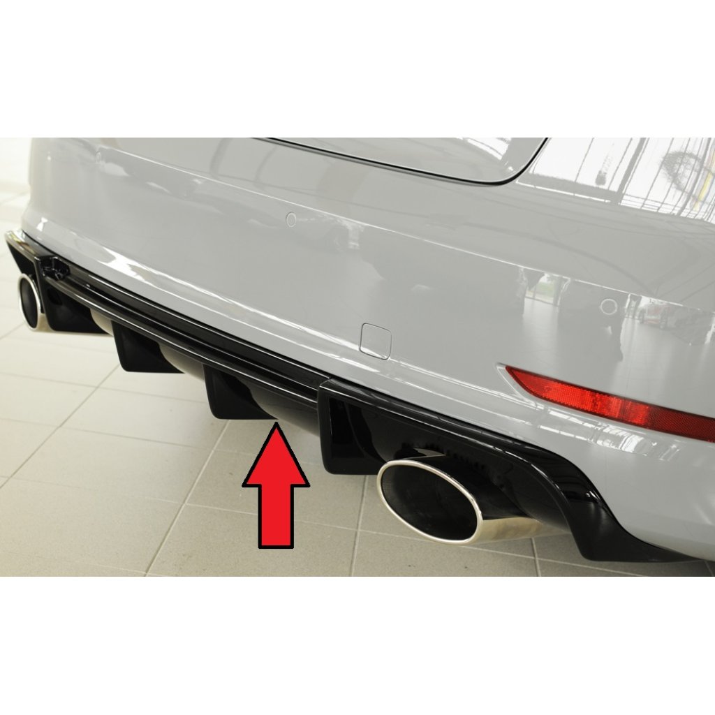 Rieger vložka zadního nárazníku pro Audi A3 8V 3-dvéř. (convertible 8V7), 5-dvéř. (sedan 8VS) před faceliftem, plast ABS lakovaný do černé lesklé barvy, pro sportovní koncovky na obou stranách 152x95 mm