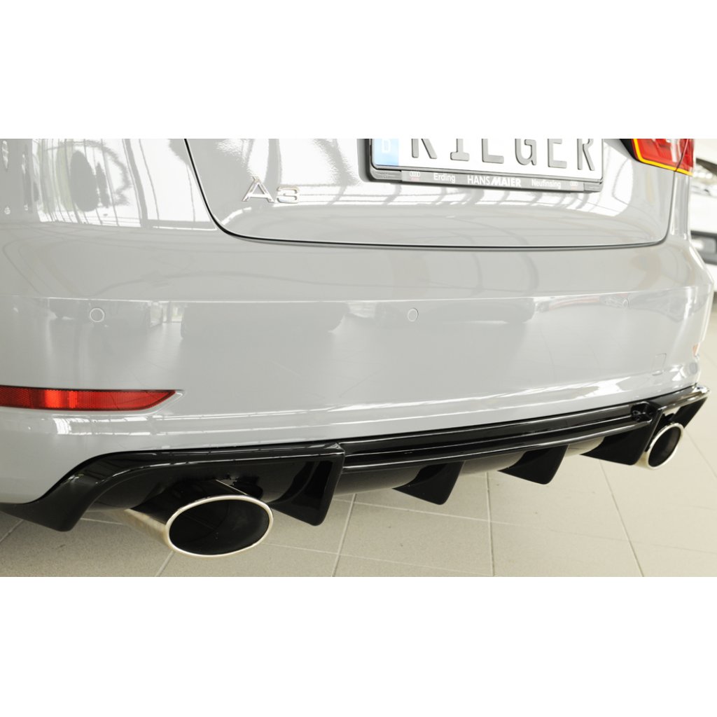 Rieger vložka zadního nárazníku pro Audi A3 8V 3-dvéř. (convertible 8V7), 5-dvéř. (sedan 8VS) před faceliftem, plast ABS lakovaný do černé lesklé barvy, pro sportovní koncovky na obou stranách 152x95 mm