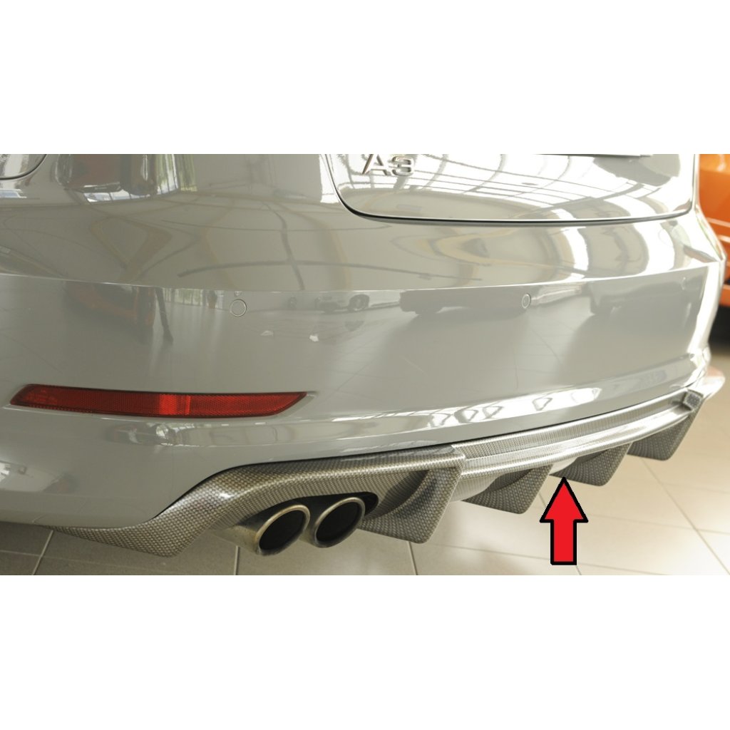 Rieger vložka zadního nárazníku pro Audi A3 8V 3-dvéř. (convertible 8V7), 5-dvéř. (sedan 8VS) před faceliftem, plast ABS s povrchovou úpravou Carbon-Look, pro dvojitou koncovku vlevo