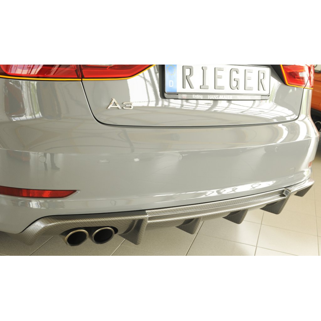 Rieger vložka zadního nárazníku pro Audi A3 8V 3-dvéř. (convertible 8V7), 5-dvéř. (sedan 8VS) před faceliftem, plast ABS s povrchovou úpravou Carbon-Look, pro dvojitou koncovku vlevo