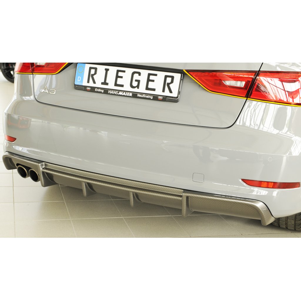Rieger vložka zadního nárazníku pro Audi A3 8V 3-dvéř. (convertible 8V7), 5-dvéř. (sedan 8VS) před faceliftem, plast ABS s povrchovou úpravou Carbon-Look, pro dvojitou koncovku vlevo