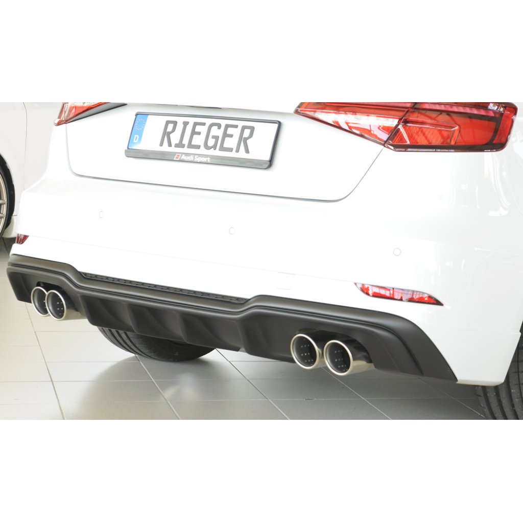 Rieger vložka zadního nárazníku pro Audi A3 8V 3-dvéř. (hatchback 8V1), 5-dvéř. (sportback 8VA) po faceliftu, plast ABS bez povrchové úpravy, pro dvojité koncovky na obou stranách 4x90 mm