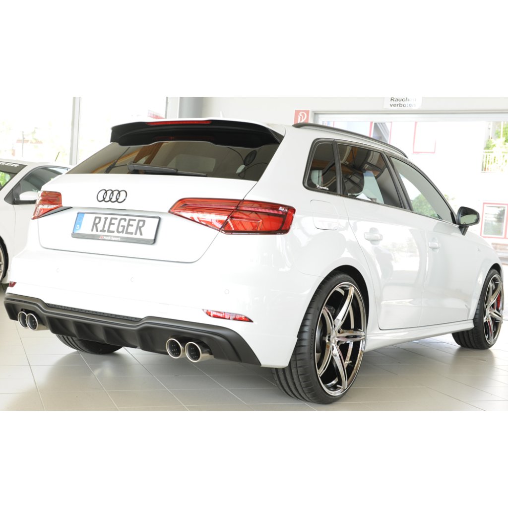 Rieger vložka zadního nárazníku pro Audi A3 8V 3-dvéř. (hatchback 8V1), 5-dvéř. (sportback 8VA) po faceliftu, plast ABS bez povrchové úpravy, pro dvojité koncovky na obou stranách 4x90 mm