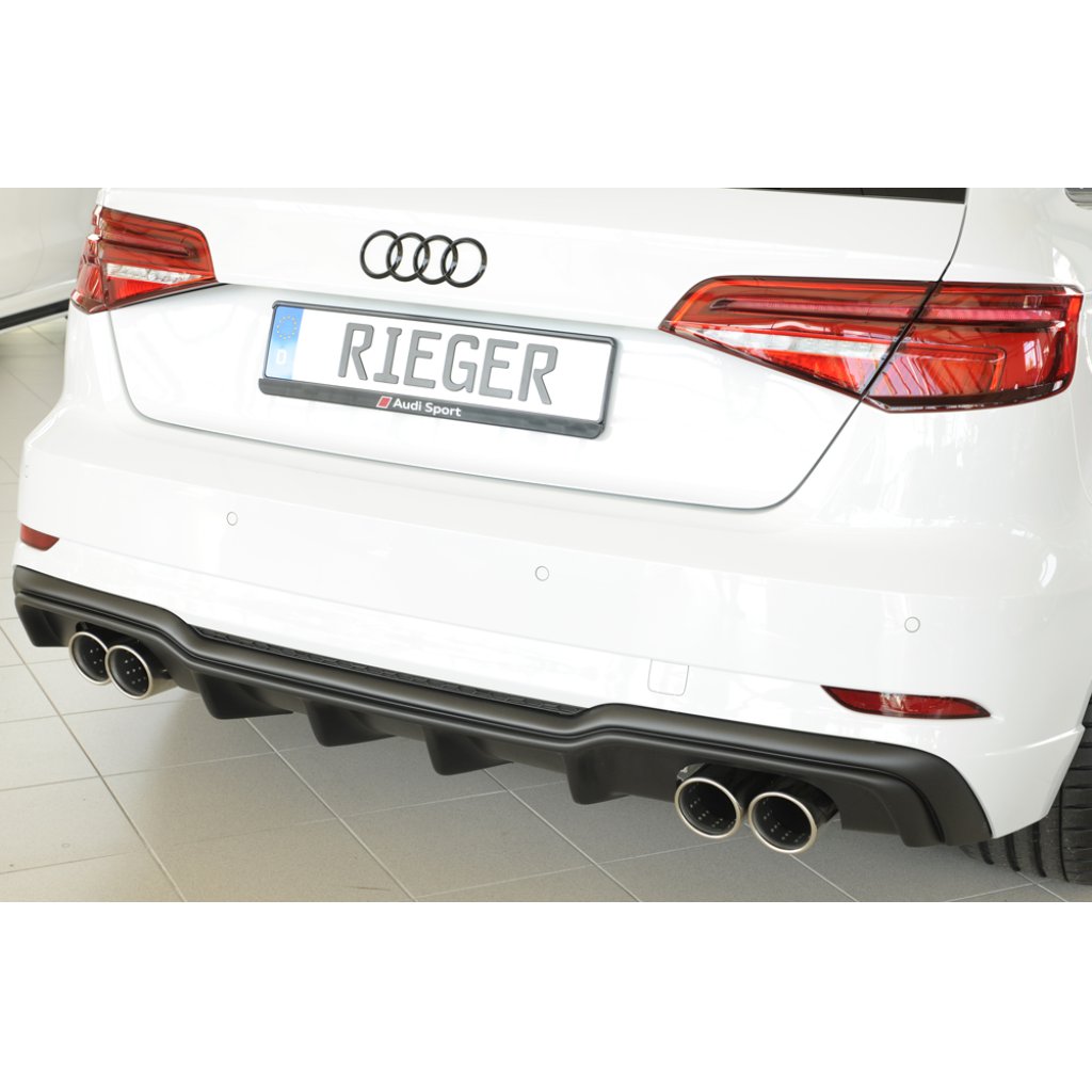 Rieger vložka zadního nárazníku pro Audi A3 8V 3-dvéř. (hatchback 8V1), 5-dvéř. (sportback 8VA) po faceliftu, plast ABS bez povrchové úpravy, pro dvojité koncovky na obou stranách 4x90 mm
