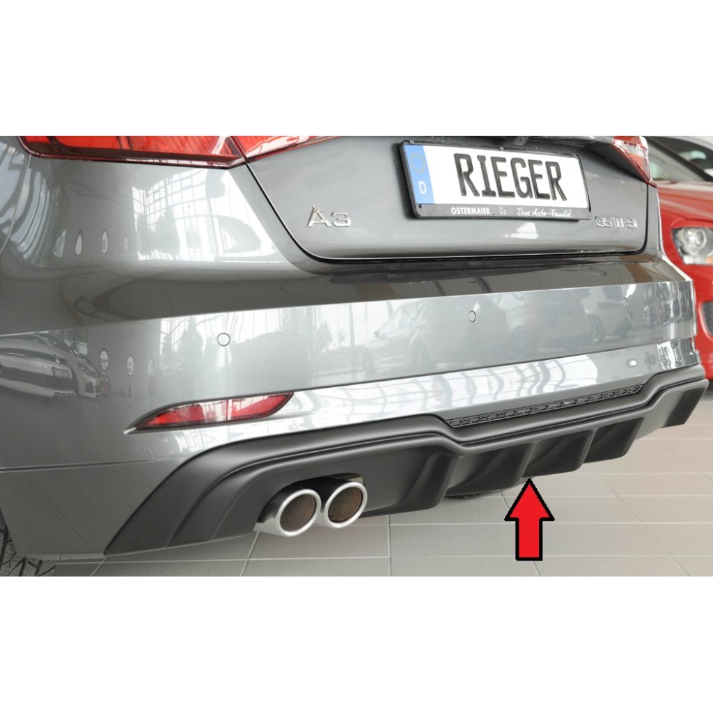 Rieger vložka zadního nárazníku pro Audi A3 8V 3-dvéř. (hatchback 8V1), 5-dvéř. (sportback 8VA) po faceliftu, plast ABS bez povrchové úpravy, pro dvojitou koncovku vlevo