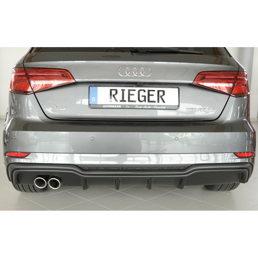 Rieger vložka zadního nárazníku pro Audi A3 8V 3-dvéř. (hatchback 8V1), 5-dvéř. (sportback 8VA) po faceliftu, plast ABS bez povrchové úpravy, pro dvojitou koncovku vlevo