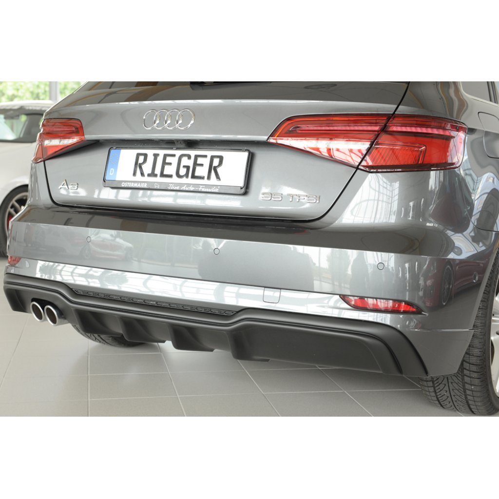 Rieger vložka zadního nárazníku pro Audi A3 8V 3-dvéř. (hatchback 8V1), 5-dvéř. (sportback 8VA) po faceliftu, plast ABS bez povrchové úpravy, pro dvojitou koncovku vlevo