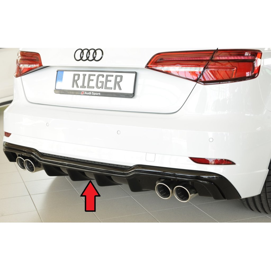 Rieger vložka zadního nárazníku pro Audi A3 8V 3-dvéř. (hatchback 8V1), 5-dvéř. (sportback 8VA) po faceliftu, plast ABS lakovaný do černé lesklé barvy, pro dvojité koncovky na obou stranách 4x90 mm