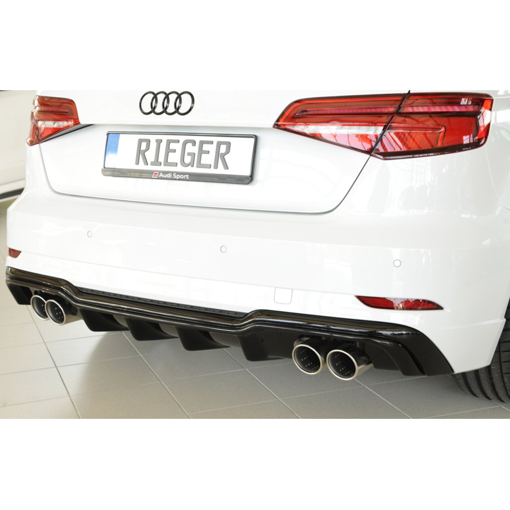 Rieger vložka zadního nárazníku pro Audi A3 8V 3-dvéř. (hatchback 8V1), 5-dvéř. (sportback 8VA) po faceliftu, plast ABS lakovaný do černé lesklé barvy, pro dvojité koncovky na obou stranách 4x90 mm